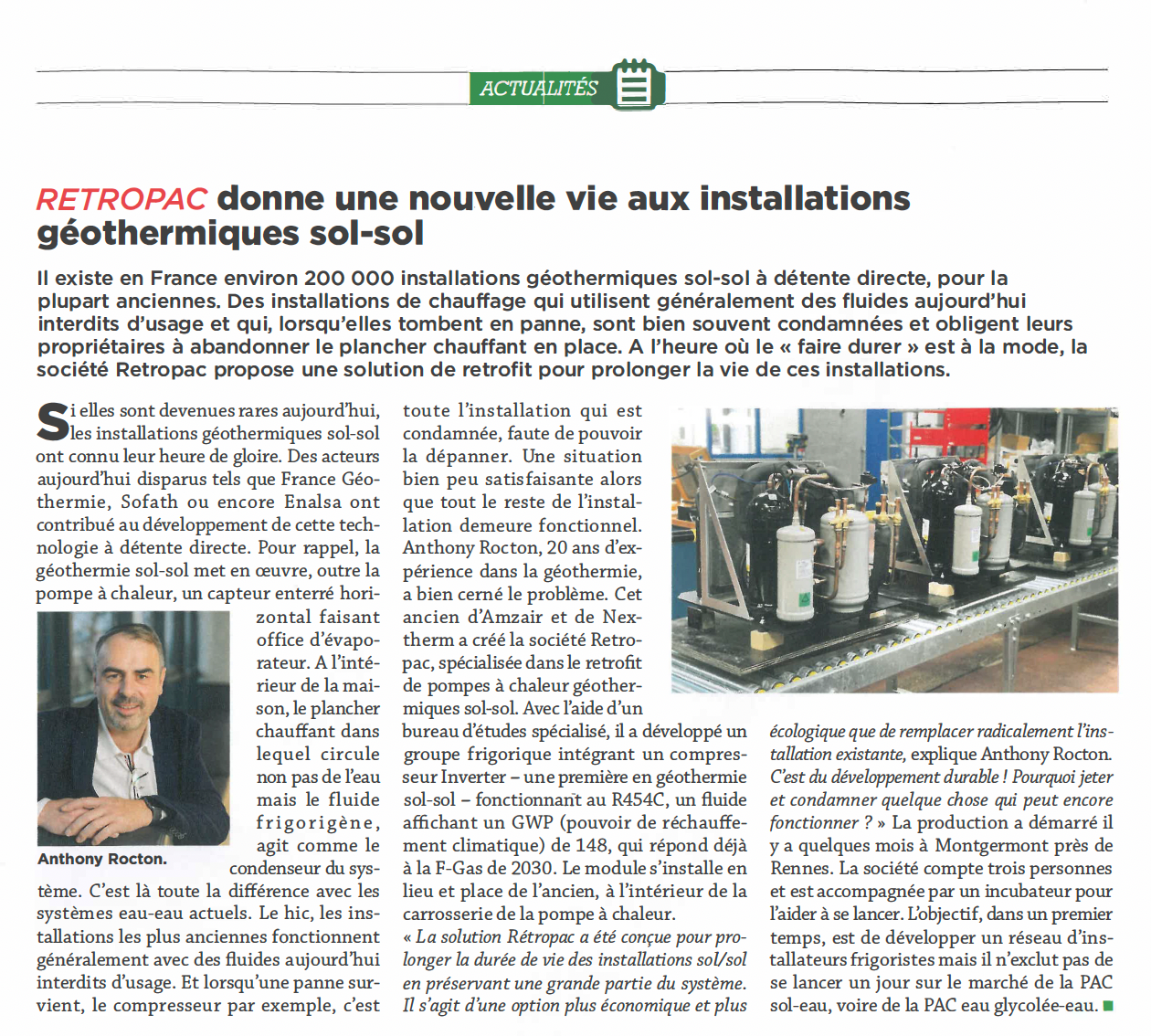 Article paru dans l'installateur parlant de RétroPac